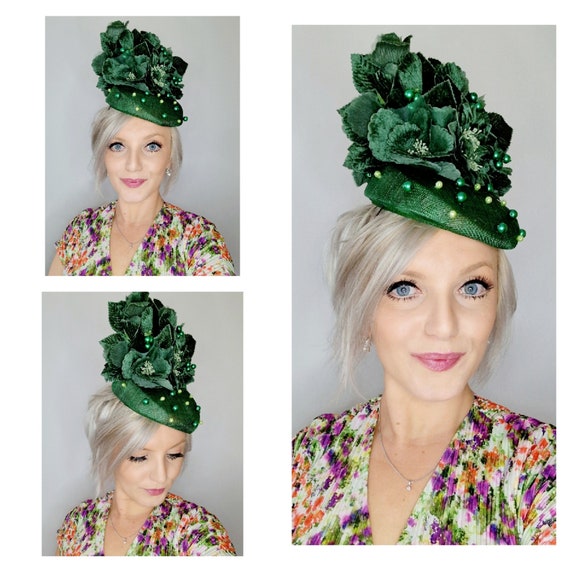 Bespoke Handmade Evergreen Pearl Hat-large Green Velvet  display picture 1