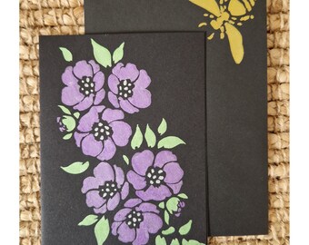 Bespoke Handmade Statement Purple & Green Metallic Wildflower Floral Black Card with Matching Gold Bumble Bee Envelope - No message inside