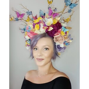 One Off-Bespoke Handmade Multi-Coloured Ladies Day/Festival/Pride/Hen Party Headdress, Multi-Coloured Butterflies,Gold Metallic Leaves&Gems image 2