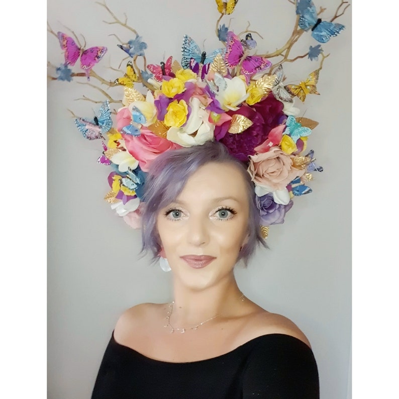 One Off-Bespoke Handmade Multi-Coloured Ladies Day/Festival/Pride/Hen Party Headdress, Multi-Coloured Butterflies,Gold Metallic Leaves&Gems image 1