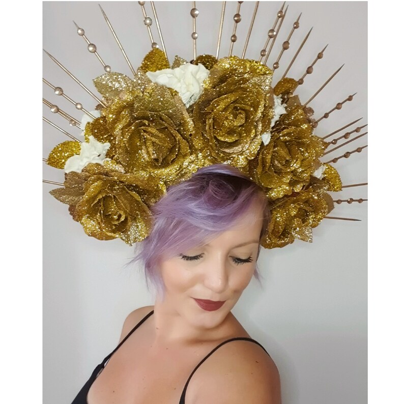 MADE TO ORDER Bespoke Handmade Stunning Large Glitter Gold Rose Festival Bridal Crown Floral Spike Headdress With Gold Hydrangeas And Gems