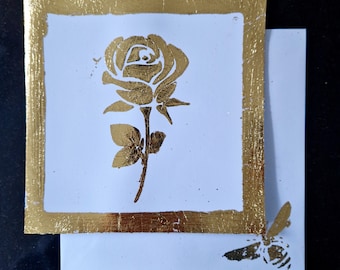 Bespoke Handmade Statement Gold Leaf Floral Cream Card with Matching Gold Leaf Bumble Bee Envelope - No message inside