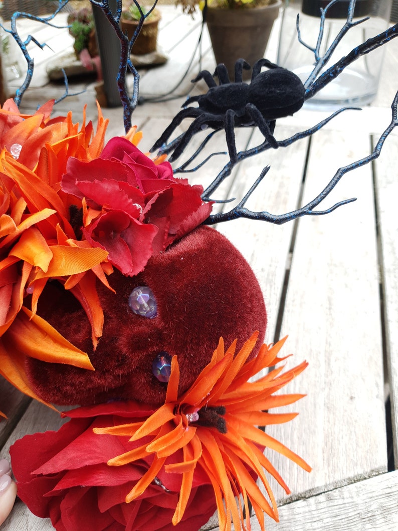 velvet black spiders Made to order Bespoke handmade large orange /& deep red rose floral Halloween Headdress with deep red velvet skulls