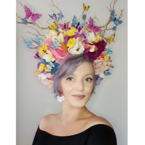 One Off-Bespoke Handmade Multi-Coloured Ladies Day/Festival/Pride/Hen Party Headdress, Multi-Coloured Butterflies,Gold Metallic Leaves&Gems image 3