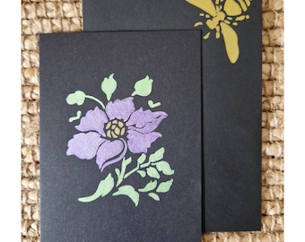 Bespoke Handmade Statement Purple Metallic Clematis Wildflower Floral Black Card with Matching Gold Bumble Bee Envelope-No message inside