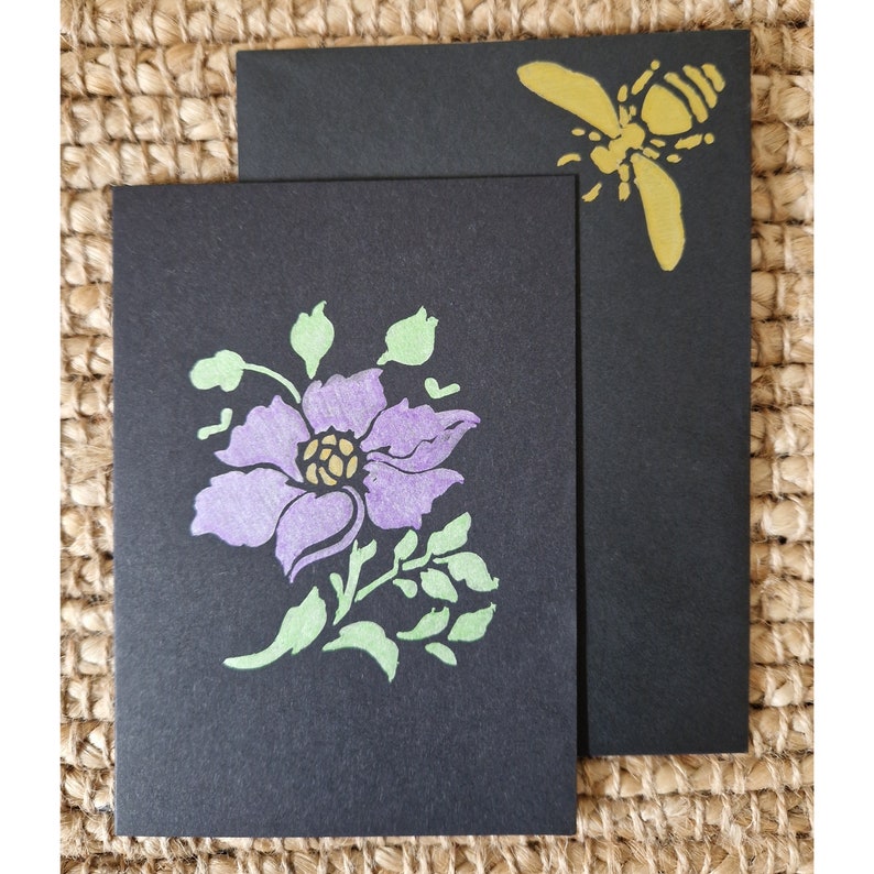 Bespoke Handmade Statement Purple Metallic Clematis Wildflower Floral Black Card with Matching Gold Bumble Bee Envelope-No message inside image 1