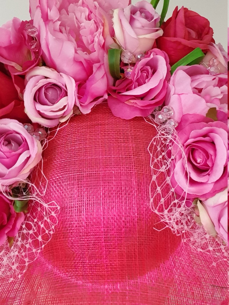Ladies Day Hat With Gems Bespoke Handmade Unique Mixed Fuchsia and Pale Pink Floral Royal Ascot Wedding Mother Of The Bride