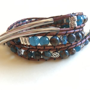 Blue Suspense Copper Leather Wrap Bracelet, Triple Leather Wrap, Custom Made, Unique