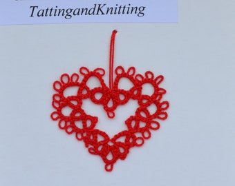 Tatted Red Hanging Heart - Bookmark or Home decoration lace ornament (2 inches)