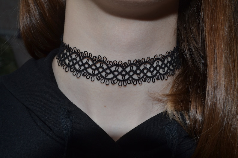 Cotton Tatted Lace Black Choker Necklace 'Jeanette', Tatted Jewelry, Gift Ideas image 1