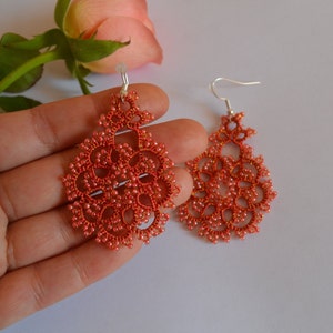 Beaded Earrings 'Rose' with Beads 1 pair , Tatted Lace Earrings, Delicate Earrings, Woman Accessories, Tatting, Frivolite, Statement J zdjęcie 3