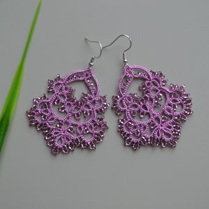 Delicate Lace Earrings 'Waterfall', Wedding Earrings, Ocasion Jewelry, Tatted Lace Earrings, Gift for women Lilac