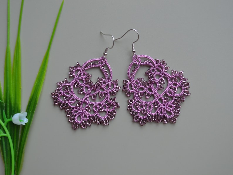 Delicate Lace Earrings 'Waterfall', Wedding Earrings, Ocasion Jewelry, Tatted Lace Earrings, Gift for women Lilac