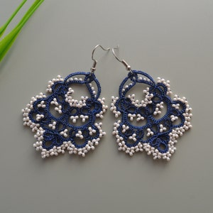 Delicate Lace Earrings 'Waterfall', Wedding Earrings, Ocasion Jewelry, Tatted Lace Earrings, Gift for women Blue