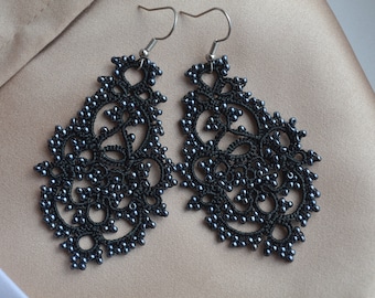 Delicate Lace Earrings - 'Penelopa', Unique Earrings, Black Earings, Beige Earrings, Tatted Jewelry, Gift idea