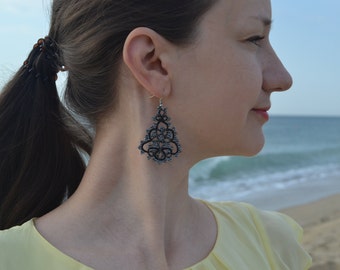 Statement Black Earrings with Beads - 'Pamela', Unique Earrings, Gifts for her, Lace Tatted Earrings