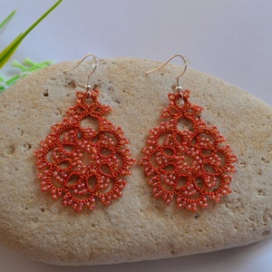 Beaded Earrings 'Rose' with Beads 1 pair , Tatted Lace Earrings, Delicate Earrings, Woman Accessories, Tatting, Frivolite, Statement J zdjęcie 1