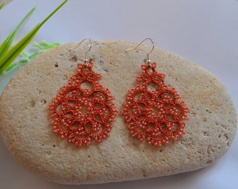 Beaded Earrings - 'Rose' with Beads ( 1 pair ), Tatted Lace Earrings, Delicate Earrings, Woman Accessories, Tatting, Frivolite, Statement J