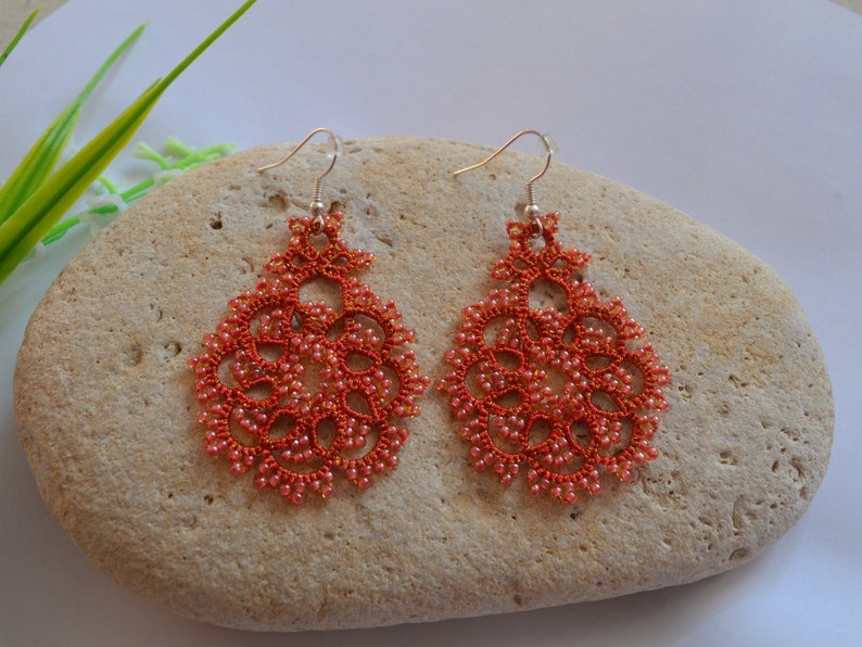 Beaded Earrings 'Rose' with Beads 1 pair , Tatted Lace Earrings, Delicate Earrings, Woman Accessories, Tatting, Frivolite, Statement J zdjęcie 1