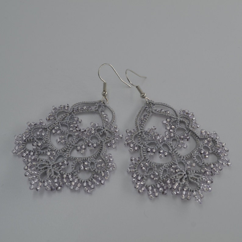 Delicate Lace Earrings 'Waterfall', Wedding Earrings, Ocasion Jewelry, Tatted Lace Earrings, Gift for women Grey-Silver