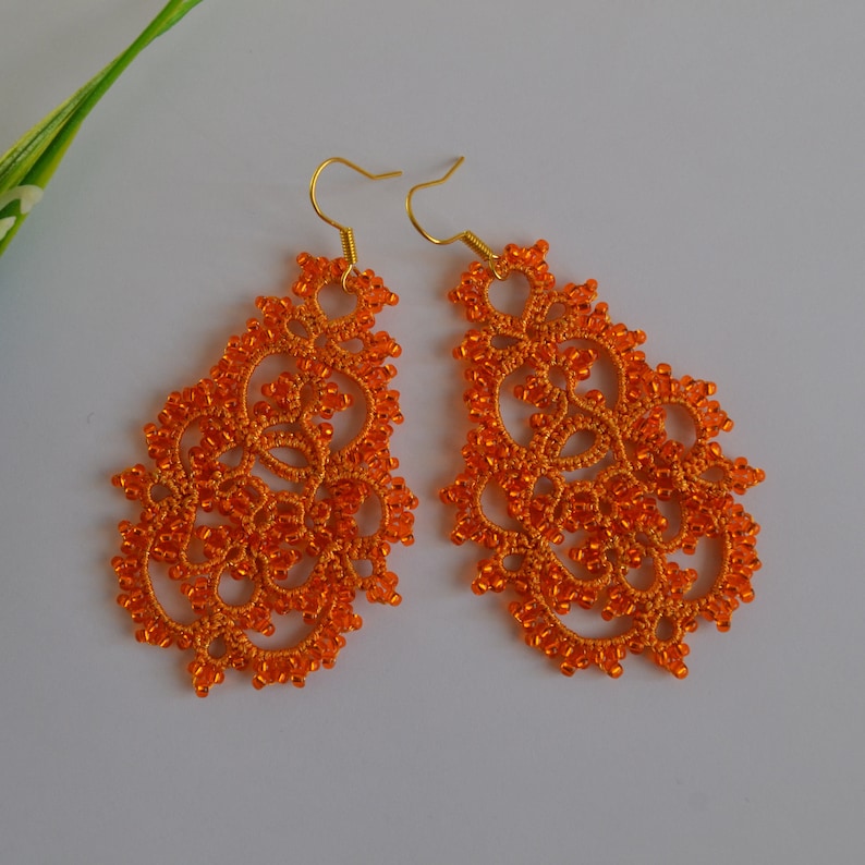 Tatting Earrings 'Penelopa', Unique Earrings, Chandelier Earrings, Statement Earrings, Victorian Jewelry, Women Accessories, Boho earrings Pomarańczowy