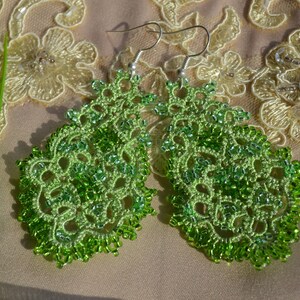 Statement 'Anna' Earrings, Women Accessories, Beaded Earrings, Chandelier Earrings, Prom Jewelry, Tatting Earrings, Gift Idea Green