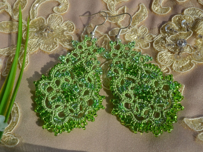 Statement 'Anna' Earrings, Women Accessories, Beaded Earrings, Chandelier Earrings, Prom Jewelry, Tatting Earrings, Gift Idea Green