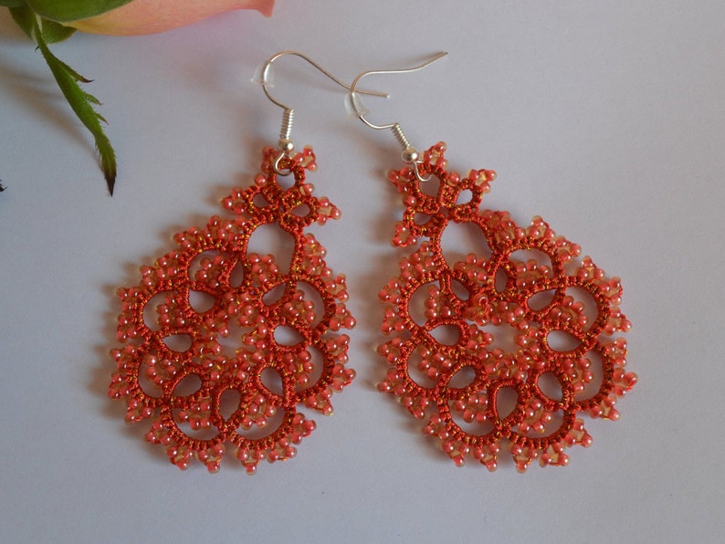 Beaded Earrings 'Rose' with Beads 1 pair , Tatted Lace Earrings, Delicate Earrings, Woman Accessories, Tatting, Frivolite, Statement J coral