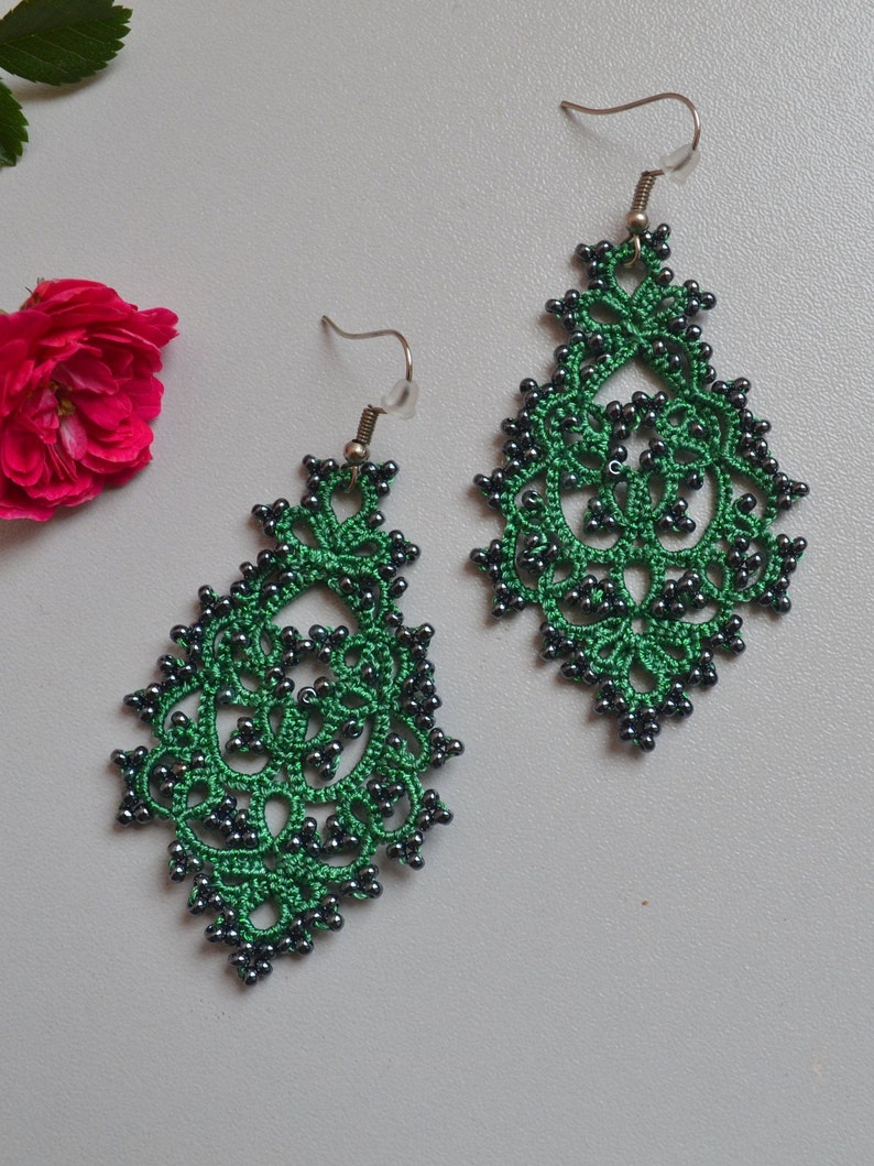 Pretty Lace Earrings ' Sabrina', Red, Green Earrings, Women Accessories, Delicate Lace, Chandelier Earrings, Chic Jewelry, Gift for women Green