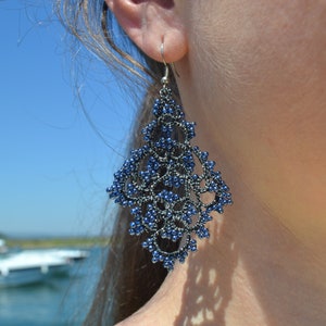 Lace Earrings with Beads - 'Melinda' in Black, Unique Earrings, Statement Earrings, Gifts for her, Tatted Lace Jewelry