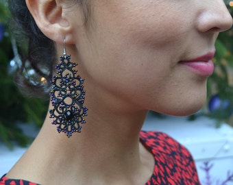 Delicate Lace Earrings - 'Queen' in Black and Turquoise Colours,  Unique Earrings, Gifts for her, Lace Tatted Earrings