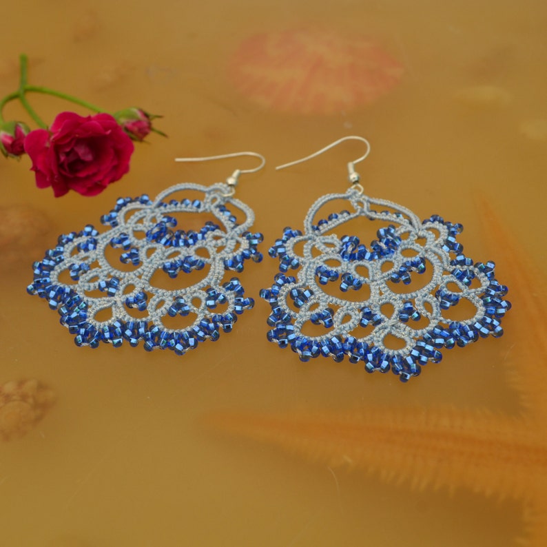 Delicate Lace Earrings 'Waterfall', Wedding Earrings, Ocasion Jewelry, Tatted Lace Earrings, Gift for women Sparkle Blue