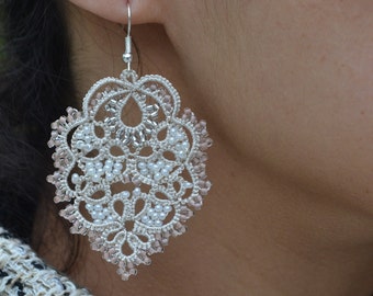 Elegant Beige Lace Earrings - 'Olivia', Unique Earrings, Ivory-Pewder-Sparkle Beads, Women Accessories, Beaded Earrings, Statement Jewelry