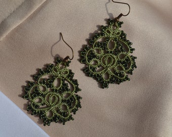 Bronze Light Statement Earrings with Beads - 'Molly', Unique Earrings, Stylish Earrings, Beaded Earrings, Tatted Lace, Gift for Mother