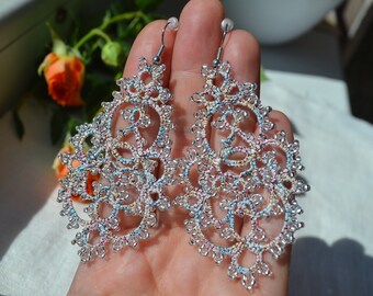 Statement Tatted Lace Earrings - 'Penelopa', Beaded Earrings, Unique Jewelry, Tatted Lace, Chandelier Earrings, Gift for Her, Lacypaths