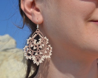 Cotton Tatted Lace Statement Earrings in Brown Colour with Cream Beads - Waterdrops, Tatted Lace Design, Unique Earrings, Gifts for her