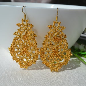 Statement 'Anna' Earrings, Women Accessories, Beaded Earrings, Chandelier Earrings, Prom Jewelry, Tatting Earrings, Gift Idea Gold 2