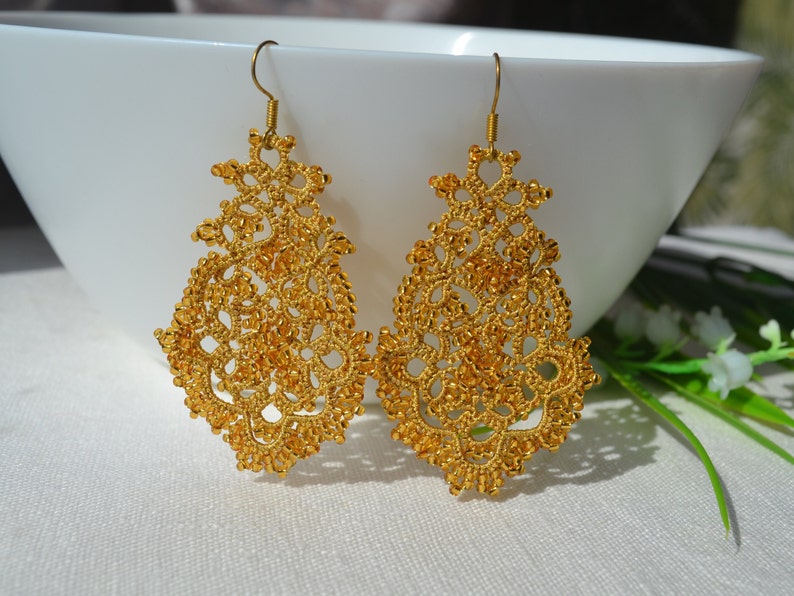 Statement 'Anna' Earrings, Women Accessories, Beaded Earrings, Chandelier Earrings, Prom Jewelry, Tatting Earrings, Gift Idea Gold 2