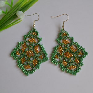 Luxury Green Colour Collection Lace Earrings 'Melinda', 1 Pair , Olivian/ Emerald/ Green-Gold/ Olivian-Sparkle , Women Accessories Green-gold