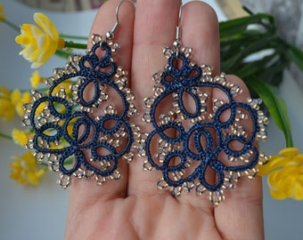 Light Statement Earrings with Beads - 'Molly', Unique Earrings, Stylish Earrings, Beaded Earrings, Tatted Lace, Gift for Mother