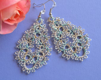 Delicate Earrings with Beads - 'Nicole', Unique Earrings, Gift for her, Lace Tatted Earrings, Tatted Jewelry