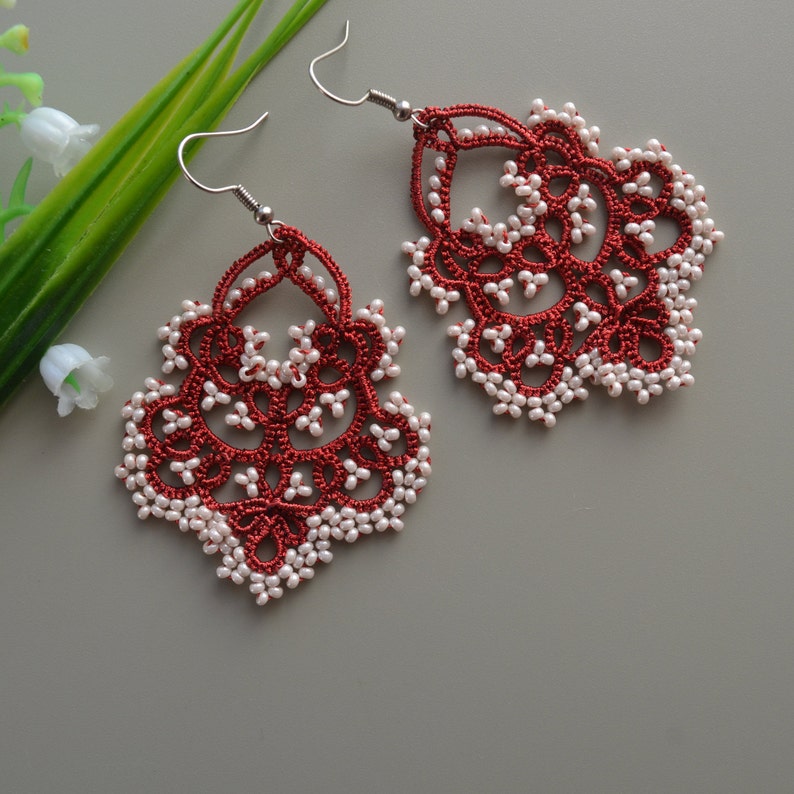 Delicate Lace Earrings 'Waterfall', Wedding Earrings, Ocasion Jewelry, Tatted Lace Earrings, Gift for women Red