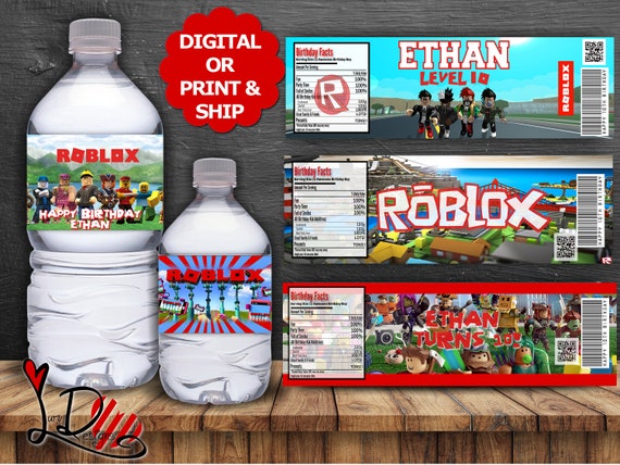 Custom Roblox Party Printable Robux Water Bottle Label Etsy - roblox theme birthday personalized juice labels printed and etsy