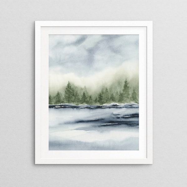 ART PRINT - River Revere I, Navy blue and Sage Green Wall Art, River and Trees Watercolor Painting, Rustic Home Décor, 5x7 8x10 11x14 16x20