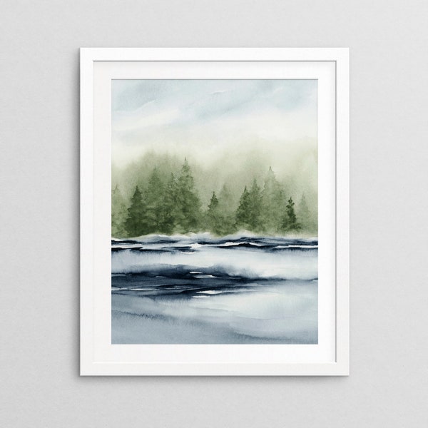 ART PRINT - River Revere II, Navy blue and Sage Green Wall Art, River and Trees Watercolor Painting, Rustic Home Décor, 5x7 8x10 11x14 16x20