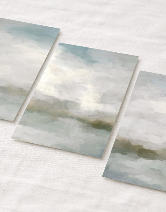 Abstract Ocean Sunrise Art Prints: Gray Blue Sage Green Triptych