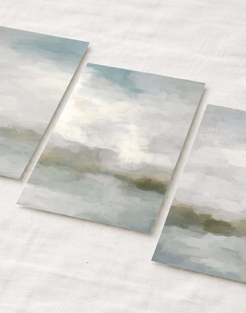 Abstract Ocean Sunrise Art Prints: Gray Blue Sage Green Triptych image 1