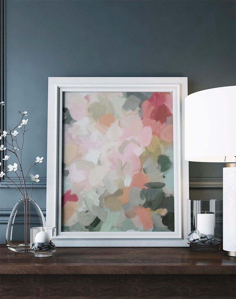 Forest Green Fuchsia Blush Pink Abstract Flower Wall Art Etsy
