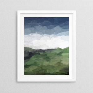 ART PRINT - Navy Indigo Blue Sky, Forest Grass Green Farmland, Farmhouse Wall Décor, Nature Art Painting, 5x7 8x10 11x14 16x20