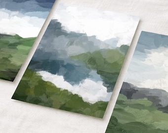 Abstract Farmhouse Art Prints: Navy, Green, and White Set